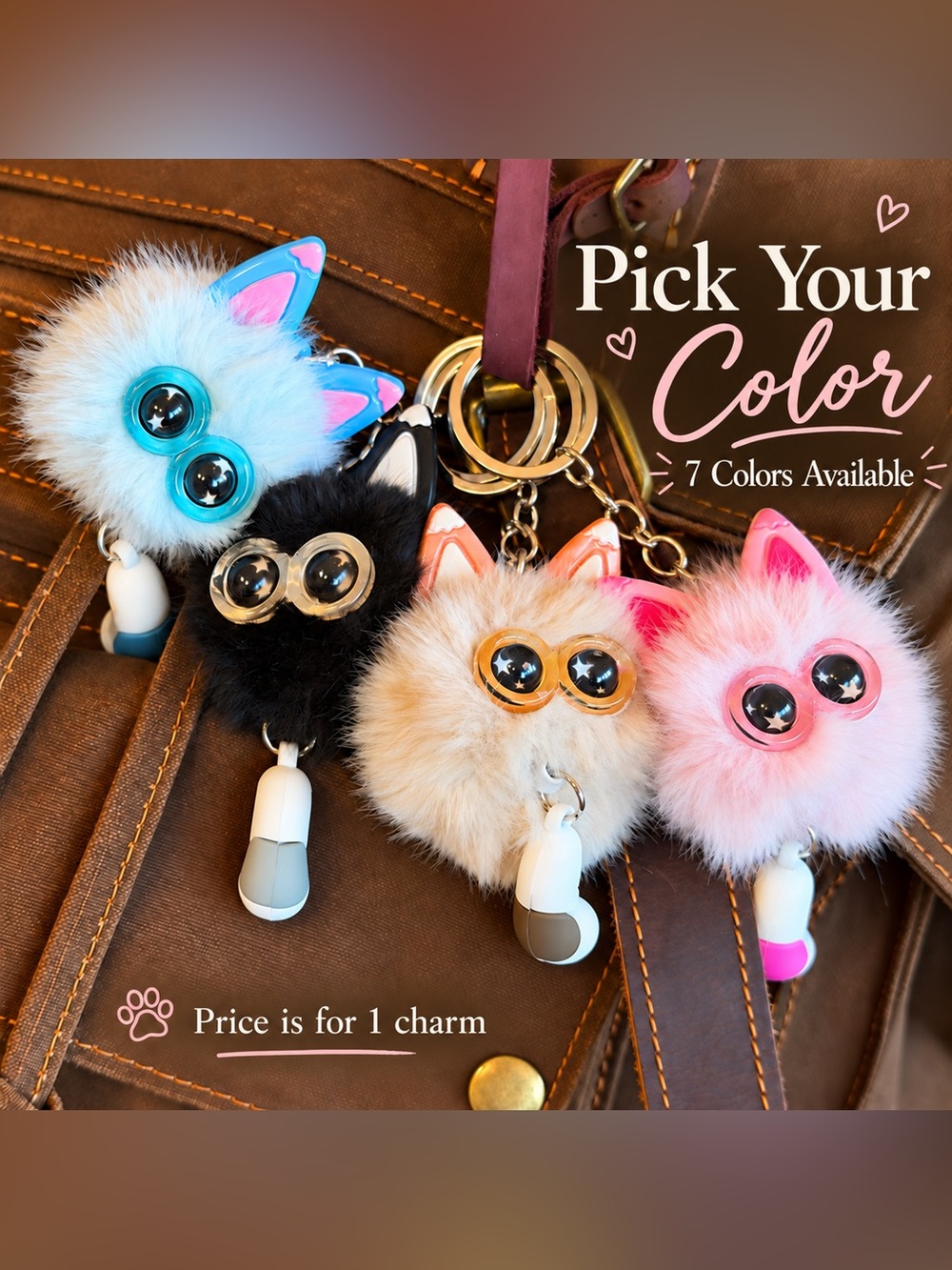 Fuzzy Cat Pom Pom Bag Charm Keychain Kawaii Purse Backpack β Pick Your Color
